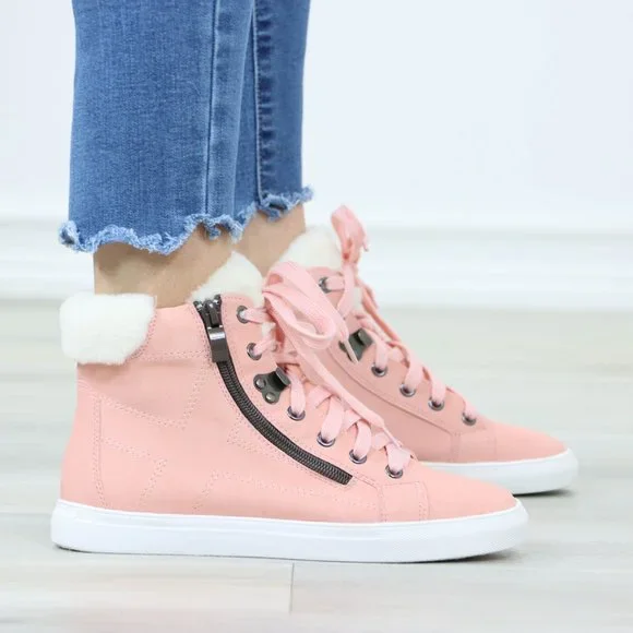 Pink Fashion High Tops Sneakers Shoes Fuzzy Ankle - Picture 3 of 11